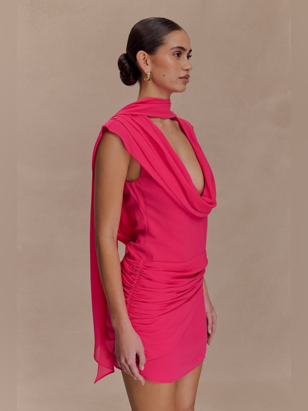 MESHKI Giulia Chiffon Draped Mini Dress Raspberry Pink NWT Size S Cocktail